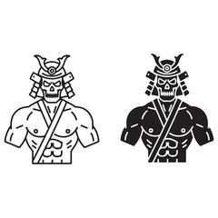 Muscular Samurai Skull Warrior Outline and Silhouette Illustration