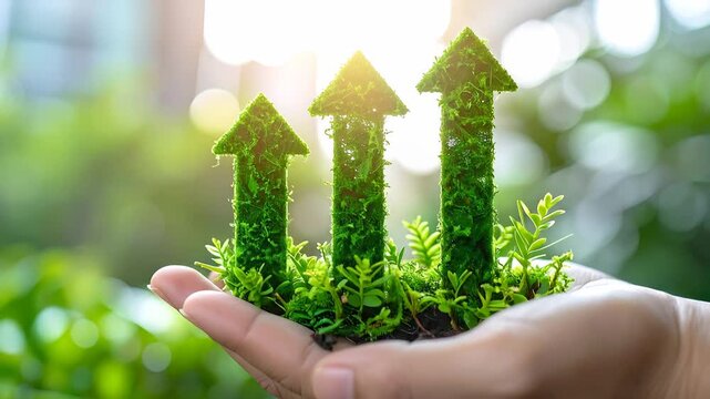 Green Arrows Growing Upwards from Hand Symbolizing Environmental Growth and Success.