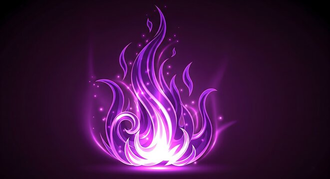 Detailed, mystical vector illustration of a magical fire flame in bright purple and magenta neon light, with glowing sparks and swirls, set against a dark, dramatic violet background
