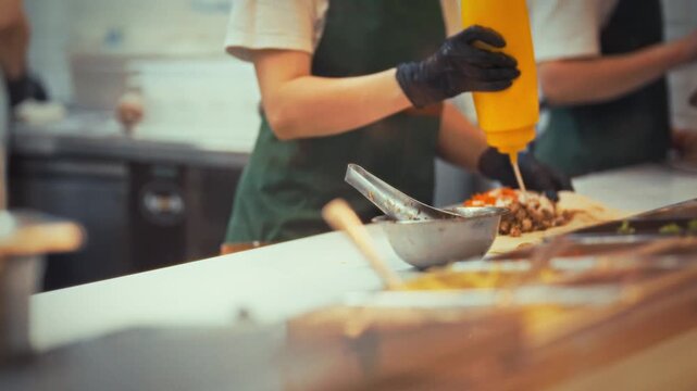 In a bustling street eatery, a chef skillfully assembles quick snacks. They are adding sauce to meat-filled dishes, working quickly to serve hungry customers