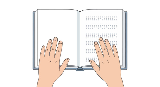 Hands reading braille text in an open book, tactile writing system used by blind people.