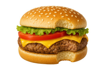 Bitten cheeseburger with beef patty, melting cheese, fresh lettuce, and tomato on a sesame seed bun