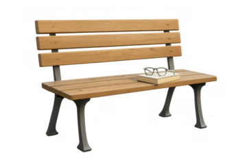 Park bench with a book and eyeglasses on a transparent background, symbolizing leisure, knowledge, and relaxation