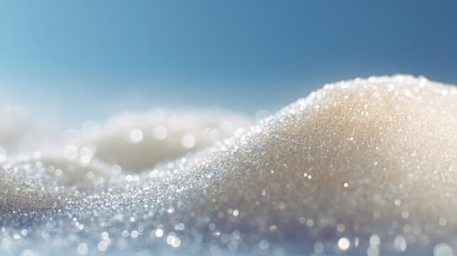 Soft Focus on Sugar Granules Creating a Dreamy Texture with Abstract Blue Background, Delicate Sparkles and Shimmering Light Reflecting Softly