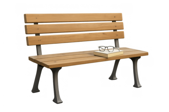 Park bench with a book and eyeglasses on a transparent background, symbolizing leisure, knowledge, and relaxation