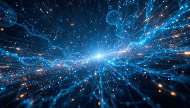 Abstract blue light streaks and glowing particles creating a futuristic network design