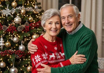 Happy senior couple smiling in festive sweaters by a Christmas tree. Older man and woman embracing during the winter holidays at home