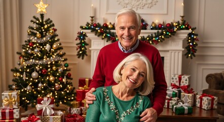 Happy senior couple smiling in a festive home at Christmas. Elderly man and woman celebrating the holiday season together with a decorated tree and fireplace