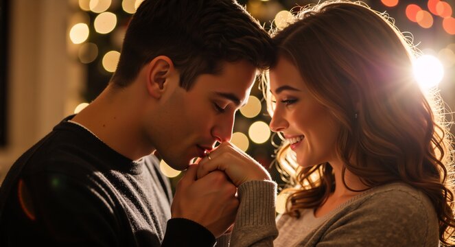 Close-up of a romantic couple with warm bokeh lights. A man tenderly kisses a smiling woman's hand during a christmas celebration