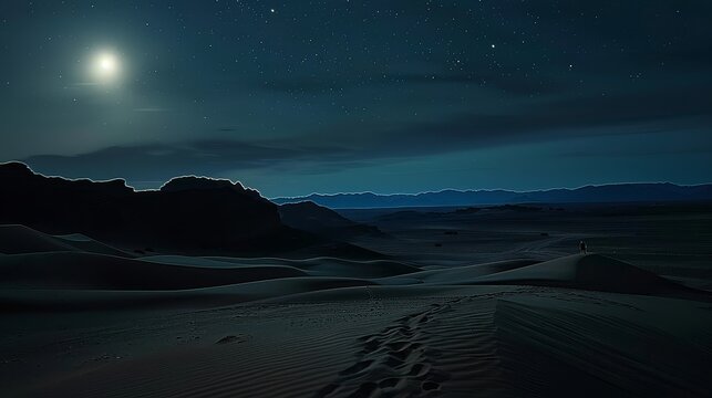 Solitary Figure Walks Across Desert Dune Under Moonlight and Starry Sky Wide Angle Landscape Shot - Powered by Adobe