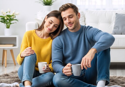 Young couple sitting on the floor at home drinking coffee. Romantic man and woman in winter sweaters relaxing in a modern living room. Cozy relationship concept