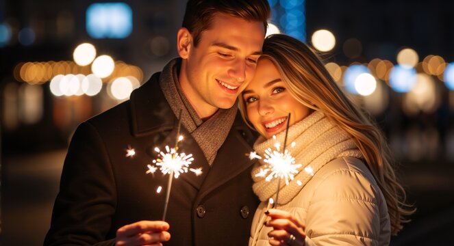Happy young couple celebrating with sparklers at night. Romantic man and woman enjoying a festive holiday date in winter