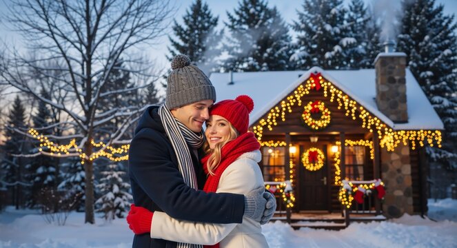 Happy young couple hugging outdoors in the snow. Romantic winter holiday getaway at a cozy log cabin decorated for Christmas