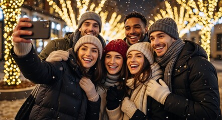 Happy group of friends taking selfie with smartphone in snowy winter street. Diverse young people celebrating Christmas holiday outdoors at night