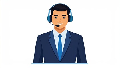Smiling Man in Blue Suit Wearing Headset with Mic on White Background Flat Cartoon Style