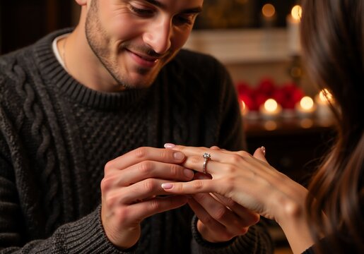 Close-up of a man proposing to his girlfriend with a diamond engagement ring. Romantic couple getting engaged in an intimate setting with warm lights - Powered by Adobe