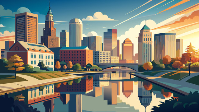 Very beautiful semi-realistic vector illustration of downtown Columbus, Ohio, showcasing clean architectural silhouettes, a calm riverfront scene, modern towers, soft natural light, and a serene panor