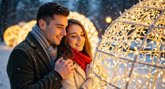 Happy young couple embracing in the snow at night. Romantic date with festive christmas lights during the winter holidays - Powered by Adobe
