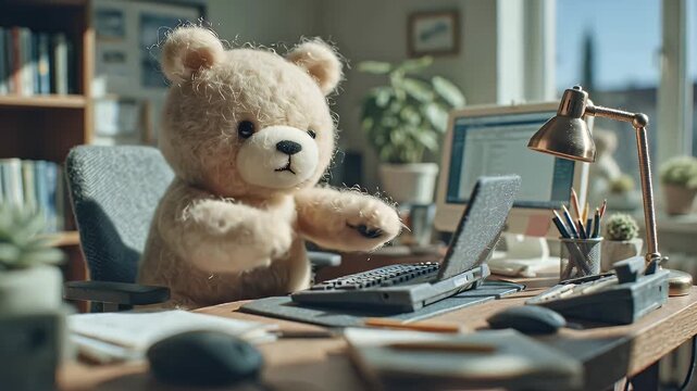 Teddy Bear Typing at Desk in Cozy Home Office Setting with Natural Light