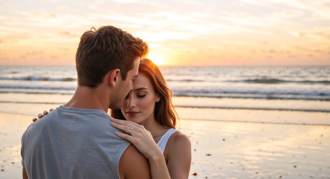 Romantic couple embracing on the beach at sunset. Intimate moment of a young man and woman in love during a vacation. Engagement and honeymoon concept