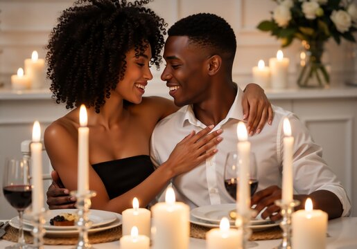 Romantic Black couple enjoying a candlelight dinner with wine. Happy African American man and woman celebrating Valentine's Day or Christmas - Powered by Adobe