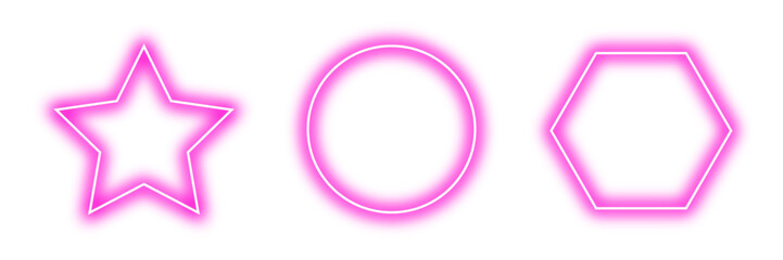 Neon glowing pink geometric outline frame set includes circle, polygon and star shapes. Pink stroke light with realistic neon glow effect. Shining neon glow blank shapes. Vector illustration.