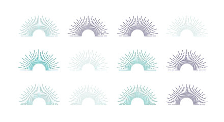 Set of twelve abstract sunburst designs in teal and purple, perfect for adding a touch of vintage flair