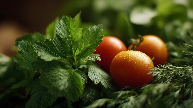 Fresh green herbs and ripe cherry tomatoes glistening with dew drops captured in a natural close up