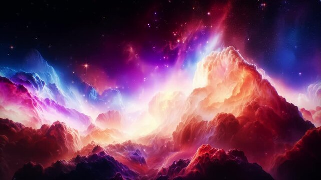 Surreal Dreamscape of Cosmic Clouds and Mountains Illuminated by Vibrant Nebulae and Distant Stars