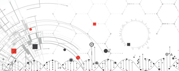 Abstract hexagons, DNA strands, connected neural web, science and technology background