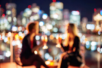 Defocused couple clinking glasses on city terrace blurred night skyline romantic atmosphere urban lights celebration evening joyful mood outdoor setting friendship relaxation