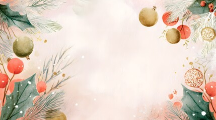 Whimsical watercolor Christmas card design featuring festive holly and cozy snowfall elements