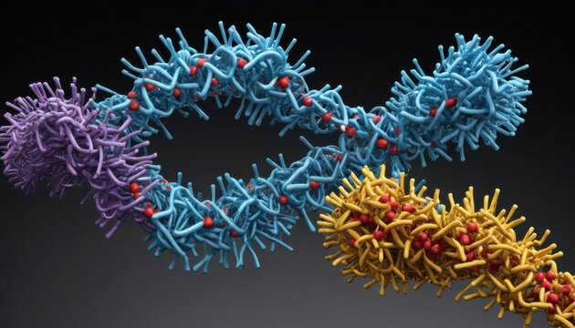 Detailed microscopic view showcases viral structures in various vibrant colors and abstract shapes