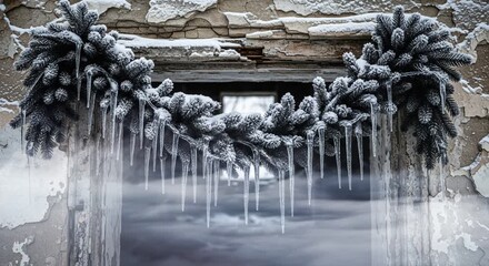 Old weathered window decorated with snow-covered pine branches and long icicles hanging in winter atmosphere. Seasonal concept - Powered by Adobe