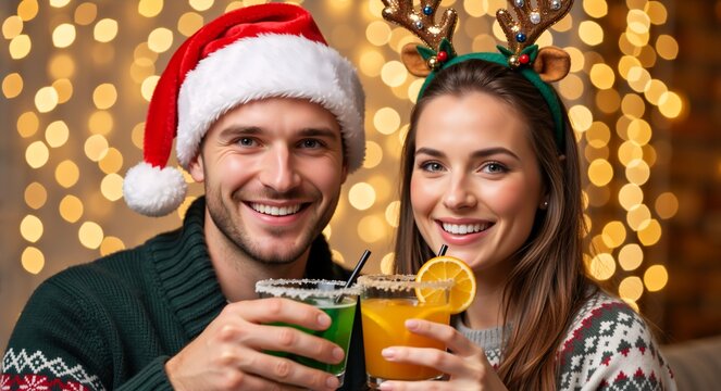 Happy couple toasting with cocktails at Christmas party. Man in Santa hat and woman with reindeer antlers holding drinks. Festive holiday celebration background - Powered by Adobe