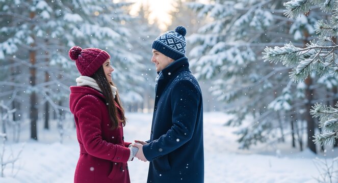 A happy young couple holding hands and smiling in a snowy winter forest. Romantic man and woman on a date during a snowfall - Powered by Adobe