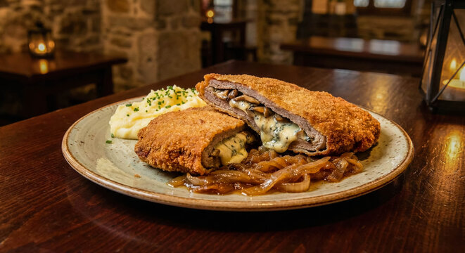 Asturian cuisine concept. Delicious "Cachopo" dish consisting of two veal fillets breaded and fried, filled with melted cheese and mushrooms (or ham)