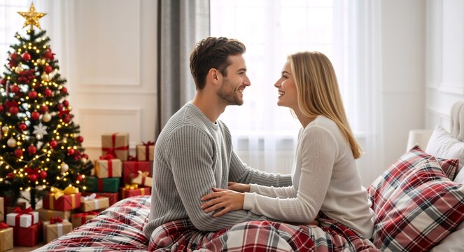 Happy young couple smiling at each other in bed on Christmas morning. Romantic man and woman celebrating the winter holidays at home