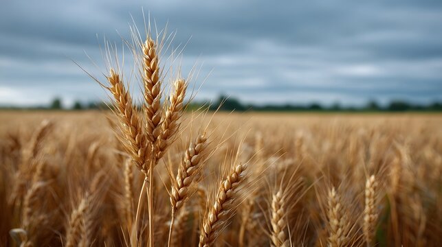 Golden wheat stalks stand tall in a vast agricultural field under a dramatic cloudy sky