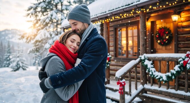 Affectionate couple hugging in the snow during a winter holiday. Young man and woman embracing outside a cozy log cabin decorated for Christmas - Powered by Adobe