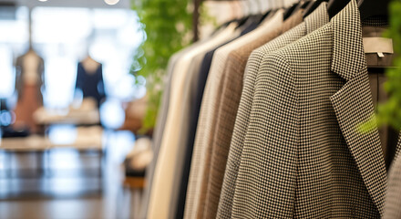 Stylish clothing display featuring a variety of tailored blazers in a modern retail store, showcasing textures and colors, with blurred background of elegant fashion items and greenery