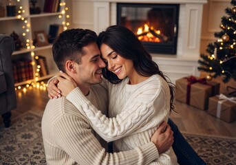 Fototapeta premium Happy young couple embracing in a cozy living room on Christmas eve. Romantic man and woman celebrating the winter holidays by the fireplace