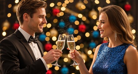 Elegant couple toasting with champagne against Christmas lights. Man in tuxedo and woman in blue dress celebrating New Year's Eve