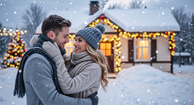 A happy young couple embracing in the snow on a romantic winter evening. Man and woman celebrating Christmas with a decorated house and holiday lights in the background