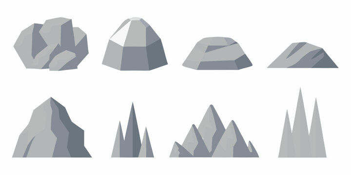 Collection of diverse gray geometric rock and mountain shapes in a flat design style