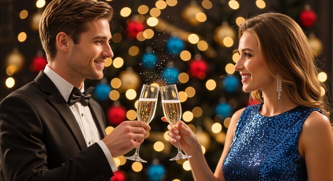 Elegant couple toasting with champagne against Christmas lights. Man in tuxedo and woman in blue dress celebrating New Year's Eve - Powered by Adobe