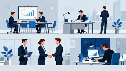 This illustration showcases various business scenarios, including meetings, collaborations, and presentations, depicting the different aspects of corporate work and teamwork.