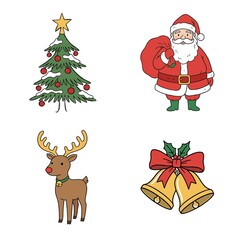 Christmas cartoon elements set with Santa Claus, Christmas tree, reindeer and holiday bells in cute festive illustration