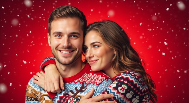 Happy young couple wearing Christmas sweaters embracing. Romantic man and woman hugging under falling snow on red background. Winter holiday celebration concept