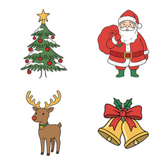 Christmas cartoon elements set with Santa Claus, Christmas tree, reindeer and holiday bells in cute festive illustration